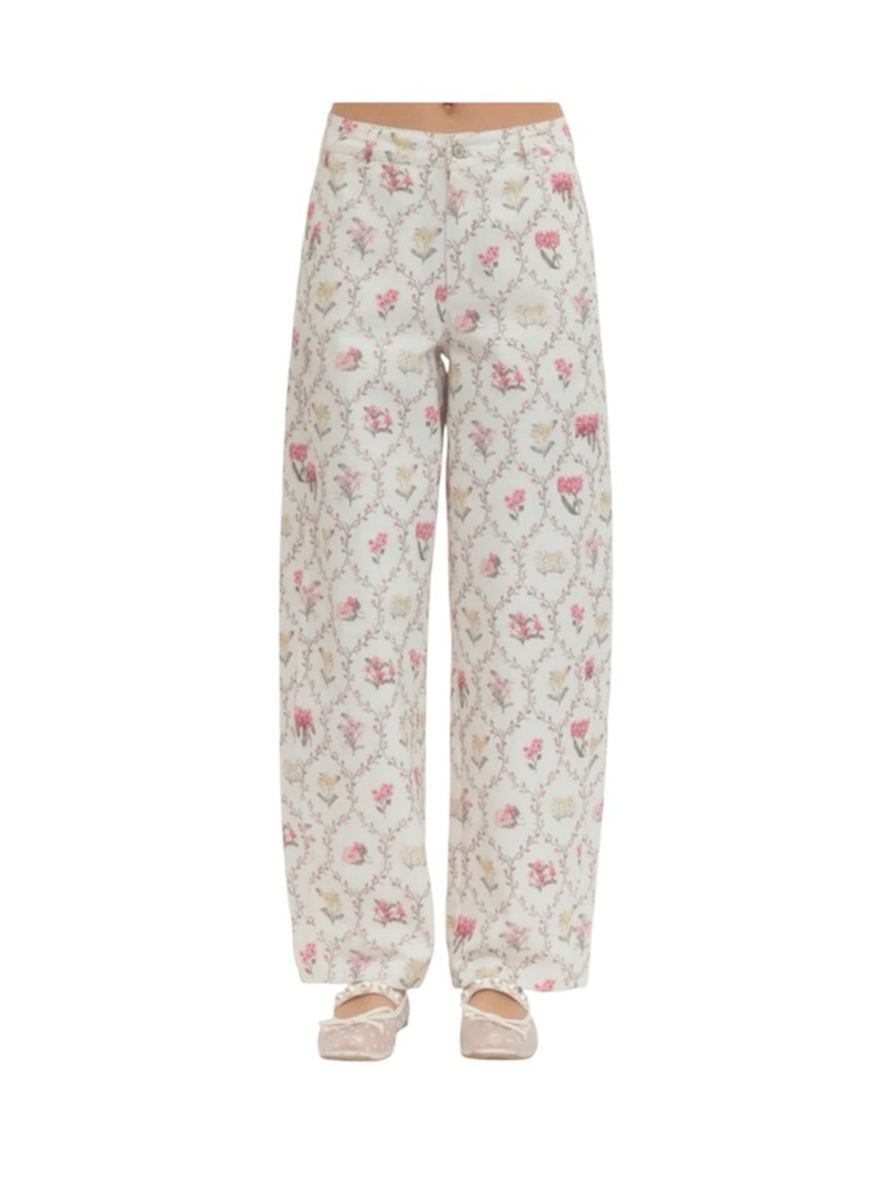 Entro Floral Print Wide Leg Baggy Jeans White Ivory Pants Size Large